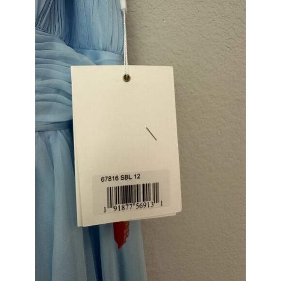 Mac Duggal Light Blue Sleeveless Halter Neck Ruche Skirt Ruffle Dress Size 12 - Picture 4 of 9